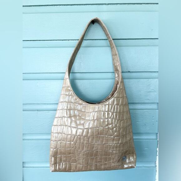 Vintage Y2K shoulder hobo bag Brooklyn metallic alligator reptile embossed gold - Picture 1 of 8
